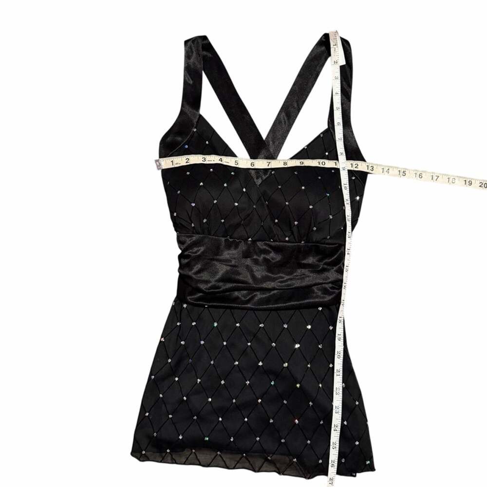 Y2K Black Rhinestone Satin Babydoll Top Size 10P McBling Whimsygoth Vibes - Picture 3 of 6